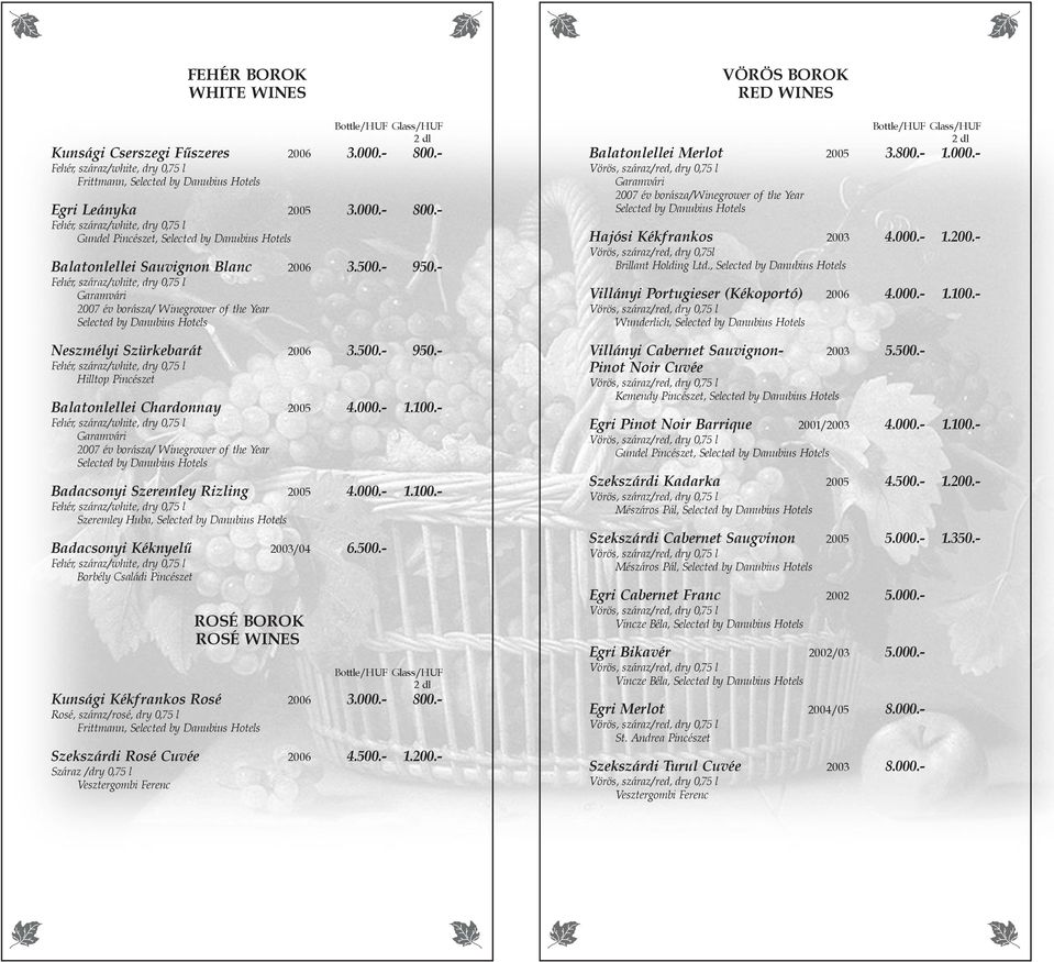 - 2007 év borásza/ Winegrower of the Year Badacsonyi Szeremley Rizling 2005 4.000.- 1.100.- Szeremley Huba, Badacsonyi Kéknyelû 2003/04 6.500.