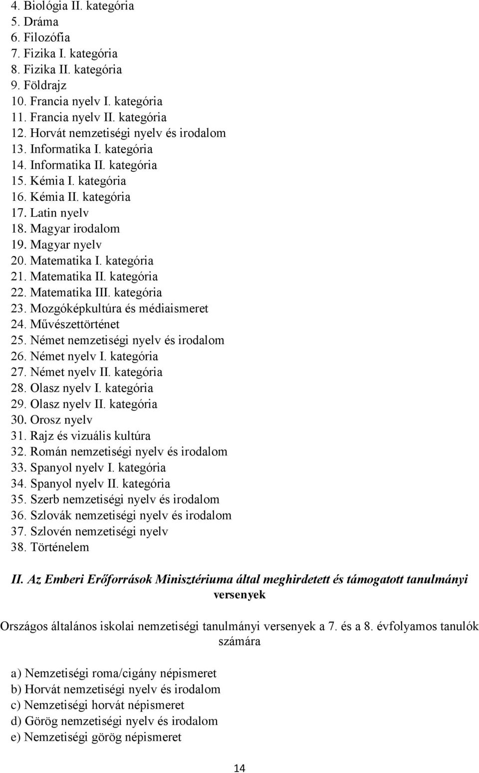 Matematika I. kategória 21. Matematika II. kategória 22. Matematika III. kategória 23. Mozgóképkultúra és médiaismeret 24. Művészettörténet 25. Német nemzetiségi nyelv és irodalom 26. Német nyelv I.