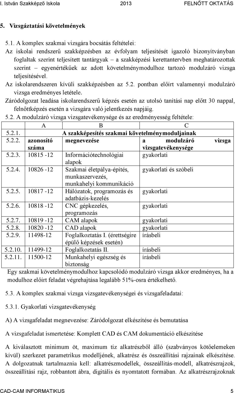 kerettantervben meghatározottak szerint egyenértékűek az adott követelménymodulhoz tartozó modulzáró vizsga teljesítésével. Az iskolarendszeren kívüli szakképzésben az 5.2.