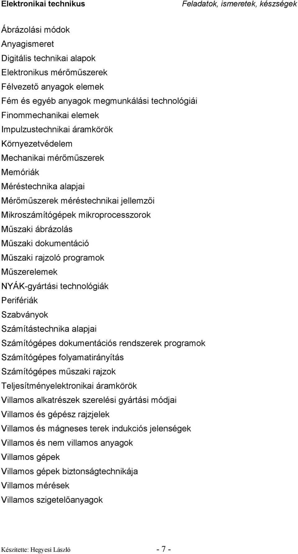 Mőszaki ábrázolás Mőszaki dokumentáció Mőszaki rajzoló programok Mőszerelemek NYÁK-gyártási technológiák Perifériák Szabványok Számítástechnika alapjai Számítógépes dokumentációs rendszerek programok