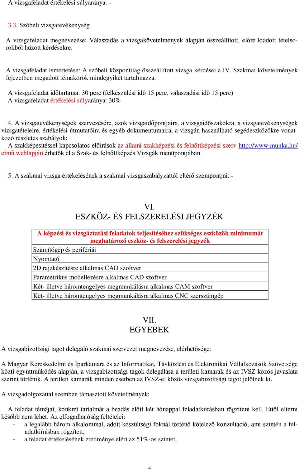 A vizsgafeladat ismertetése: A szóbeli központilag összeállított vizsga kérdései a IV. Szakmai követelmények fejezetben megadott témakörök mindegyikét tartalmazza.