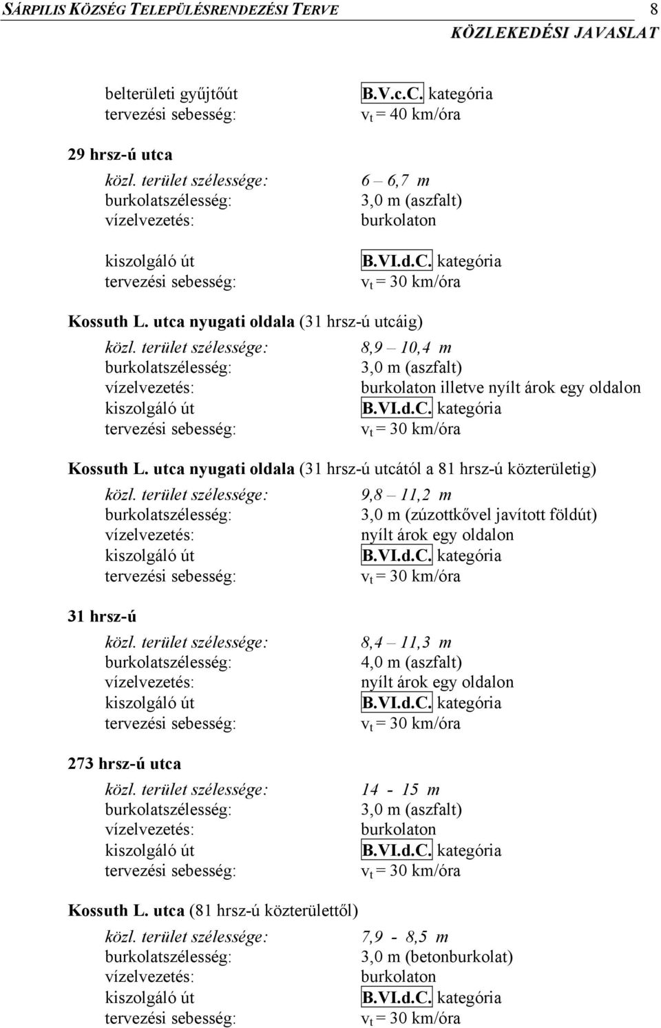 utca nyugati oldala (31 hrsz-ú utcáig) 8,9 10,4 m 3,0 m (aszfalt) burkolaton illetve nyílt árok egy oldalon Kossuth L.