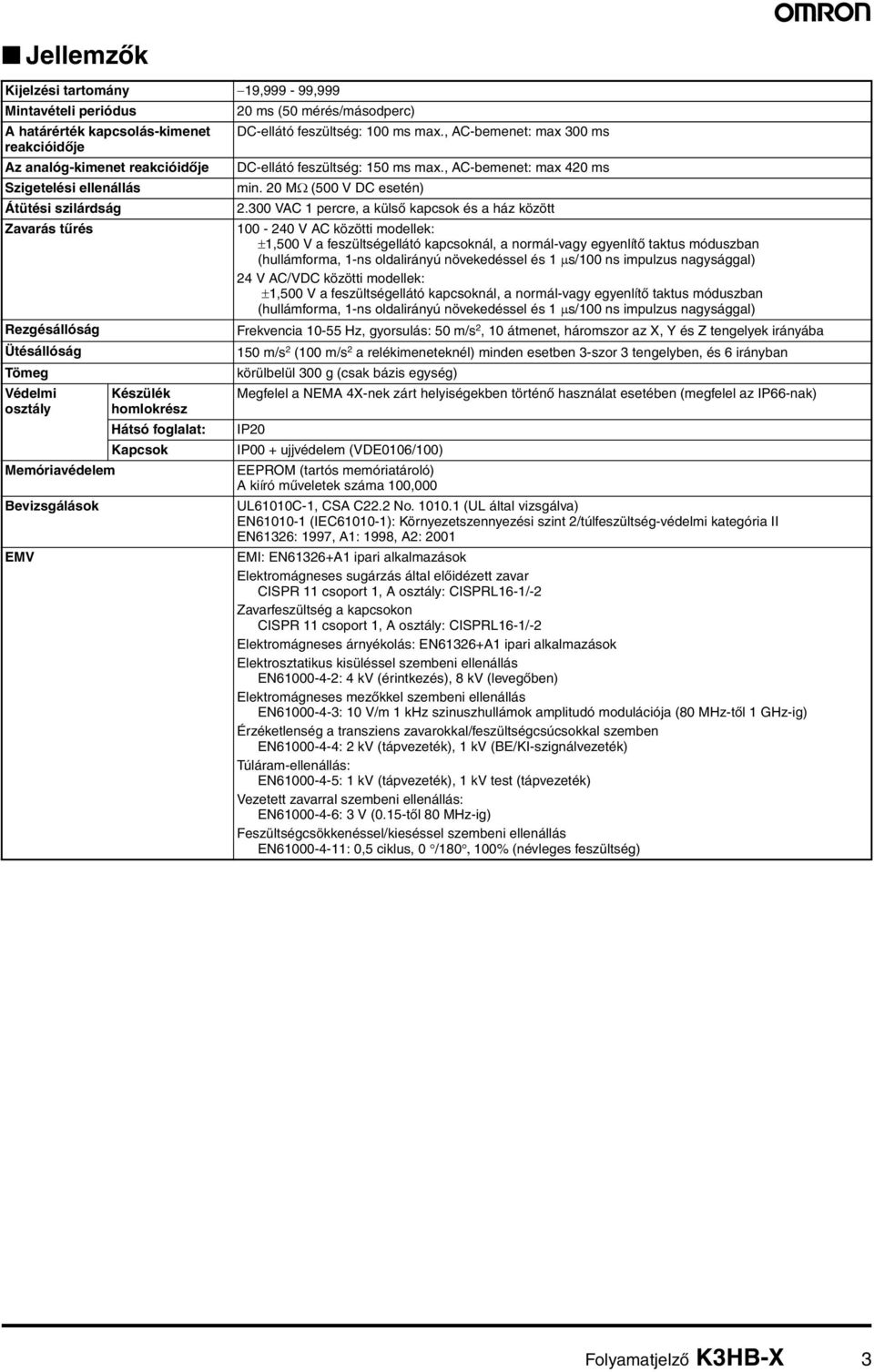 300 VAC 1 percre, a külső kapcsok és a ház között Zavarás tűrés 100-240 V AC közötti modellek: ±1,500 V a feszültségellátó kapcsoknál, a normál-vagy egyenlítő taktus móduszban (hullámforma, 1-ns