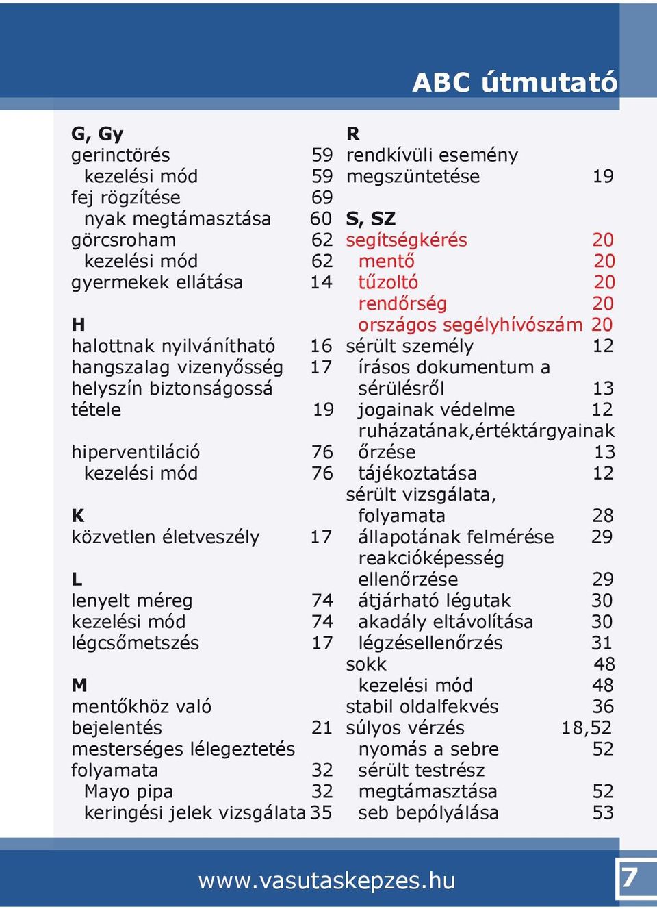 folyamata 32 Mayo pipa 32 keringési jelek vizsgálata 35 ABC útmutató R rendkívüli esemény megszüntetése 19 S, SZ segítségkérés 20 mentő 20 tűzoltó 20 rendőrség 20 országos segélyhívószám 20 sérült