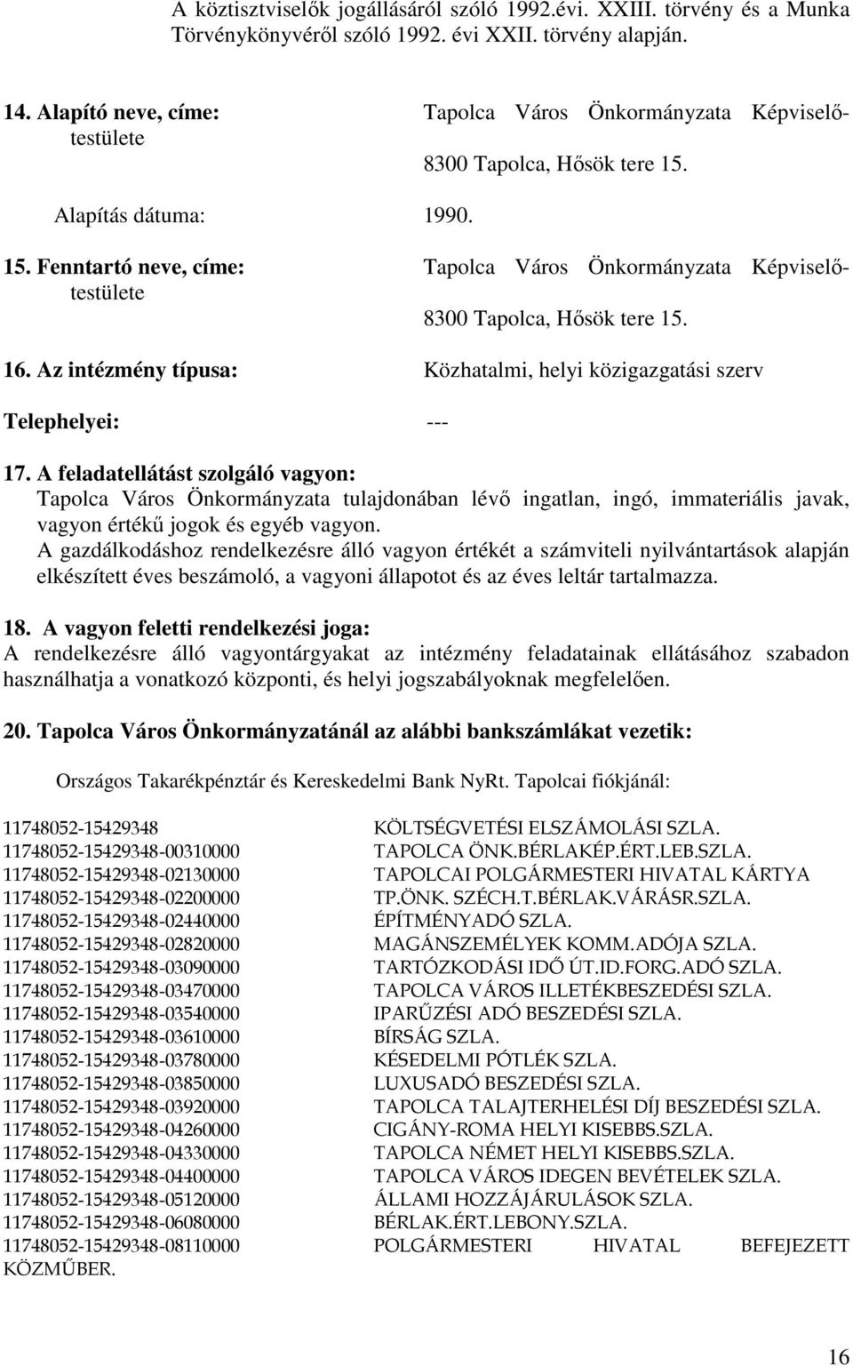 16. Az intézmény típusa: Közhatalmi, helyi közigazgatási szerv Telephelyei: --- 17.