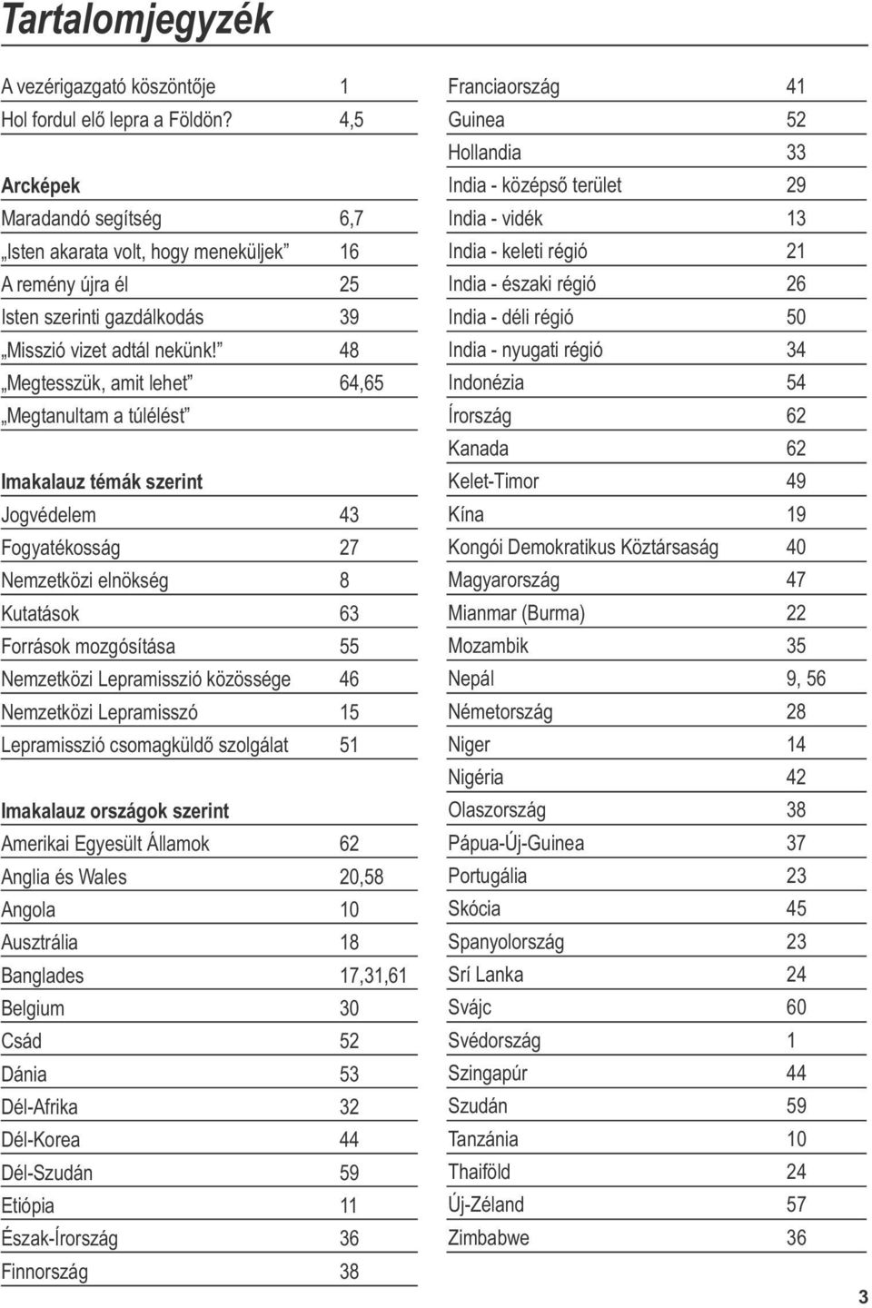 48 Megtesszük, amit lehet 64,65 Megtanultam a túlélést Imakalauz témák szerint Jogvédelem 43 Fogyatékosság 27 Nemzetközi elnökség 8 Kutatások 63 Források mozgósítása 55 Nemzetközi Lepramisszió