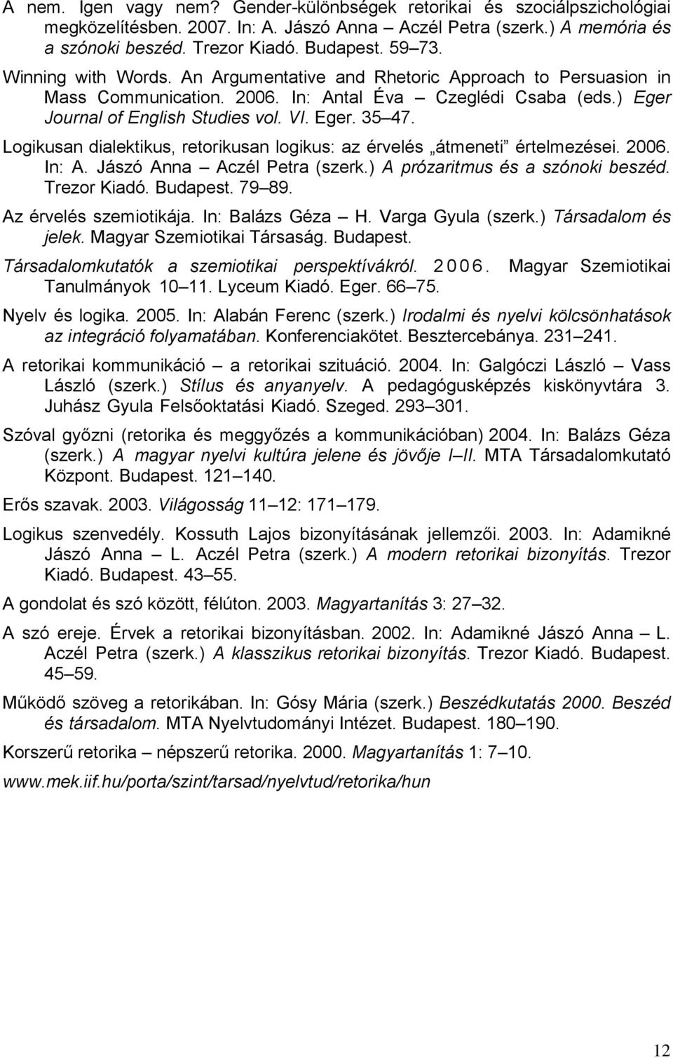 Logikusan dialektikus, retorikusan logikus: az érvelés átmeneti értelmezései. 2006. In: A. Jászó Anna Aczél Petra (szerk.) A prózaritmus és a szónoki beszéd. Trezor Kiadó. Budapest. 79 89.