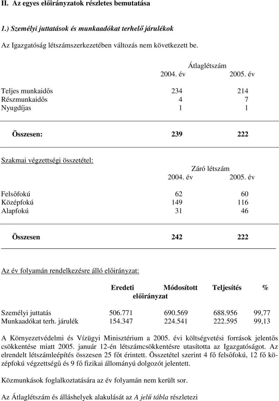 év Felsıfokú 62 60 Középfokú 149 116 Alapfokú 31 46 Összesen 242 222 Az év folyamán rendelkezésre álló : Eredeti Módosított Teljesítés % Személyi juttatás 506.771 690.569 688.