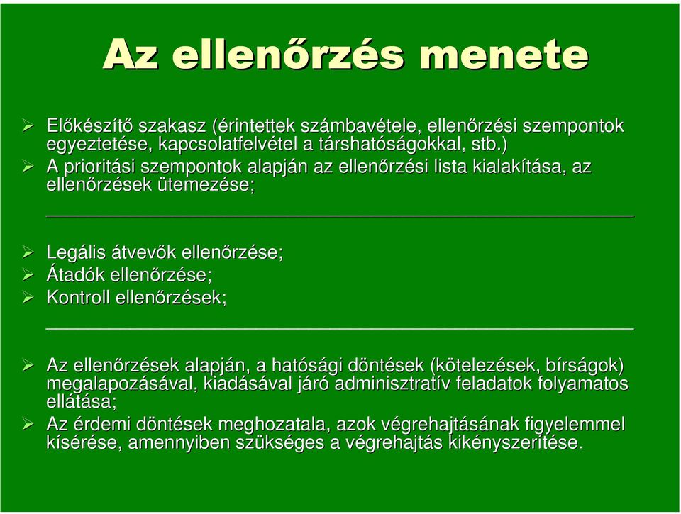 Kontroll ellenőrzések; Az ellenőrzések alapján, a hatósági döntések (kötelezések, bírságok) megalapozásával, kiadásával járó adminisztratív