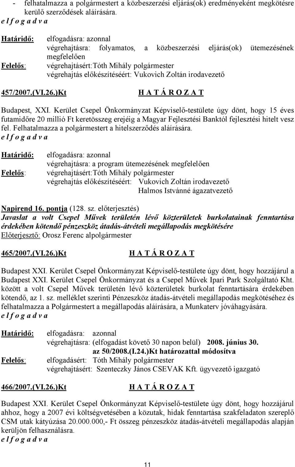 Zoltán irodavezető 457/2007.(VI.26.)Kt Budapest, XXI.