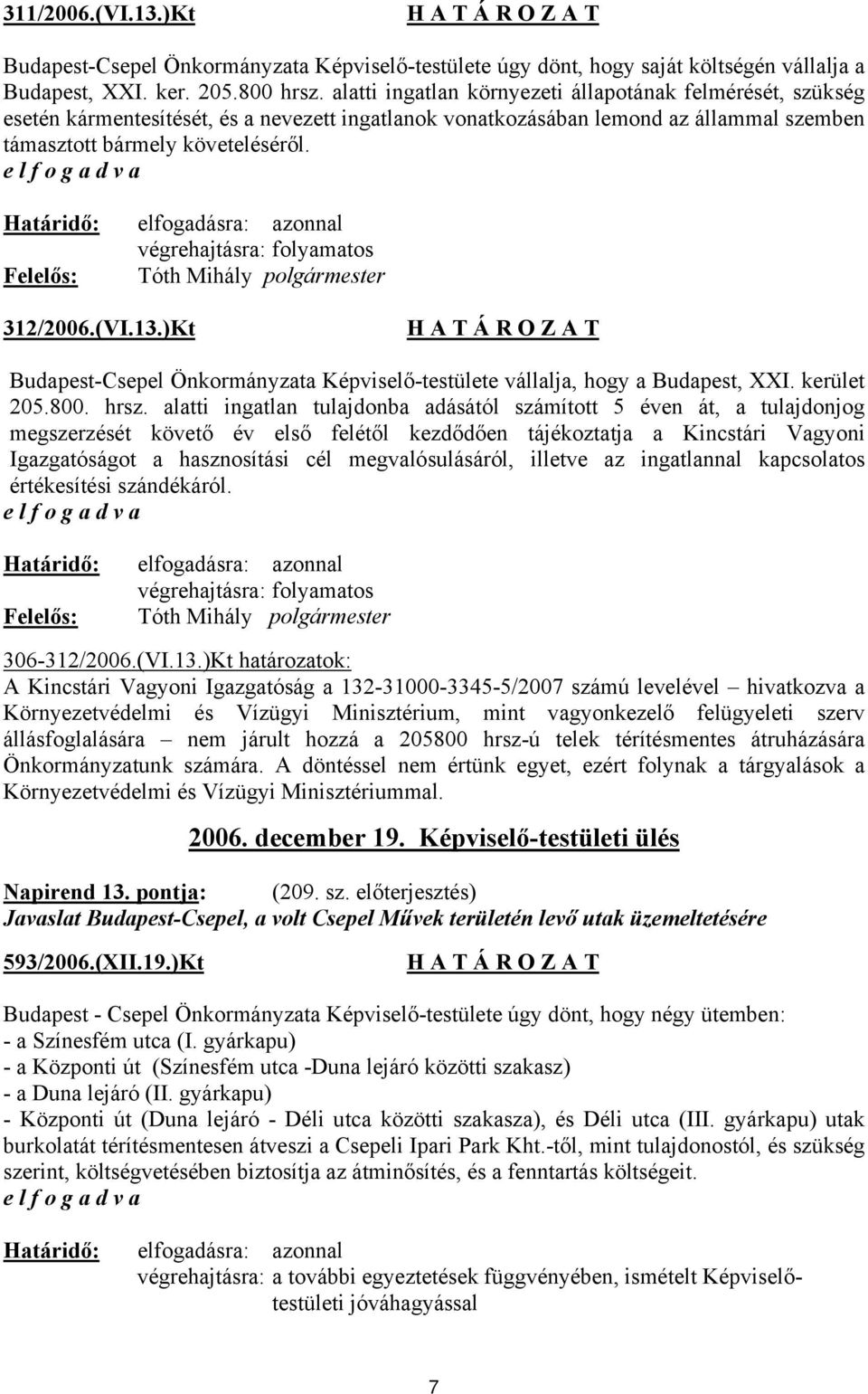 végrehajtásra: folyamatos 312/2006.(VI.13.)Kt Budapest-Csepel Önkormányzata Képviselő-testülete vállalja, hogy a Budapest, XXI. kerület 205.800. hrsz.