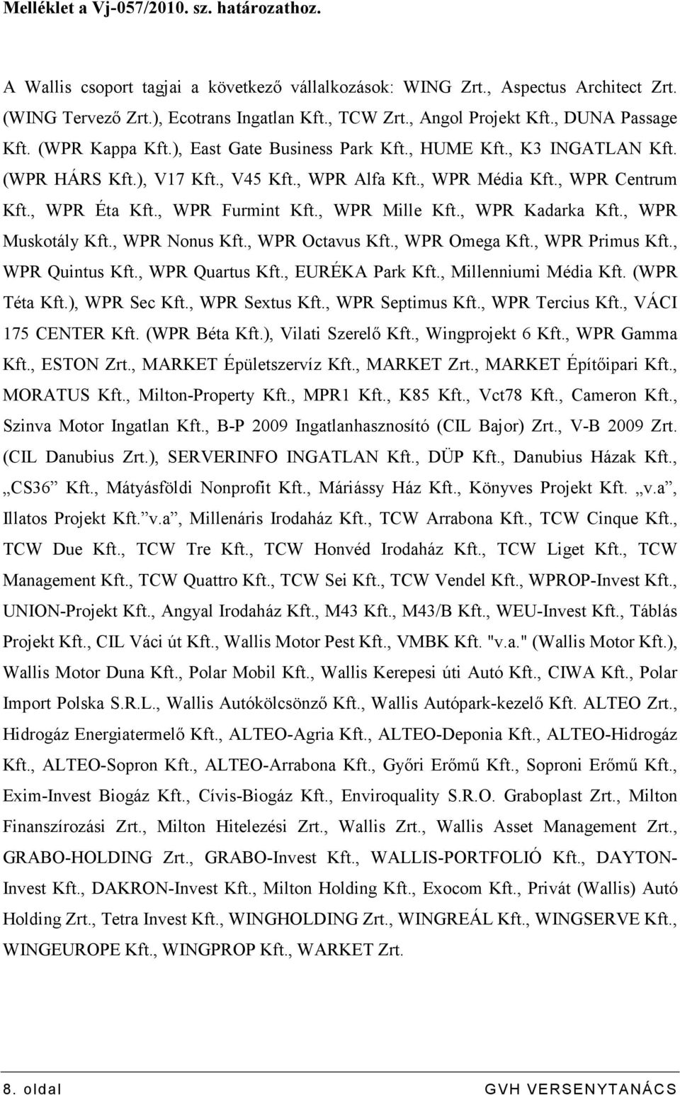 , WPR Éta Kft., WPR Furmint Kft., WPR Mille Kft., WPR Kadarka Kft., WPR Muskotály Kft., WPR Nonus Kft., WPR Octavus Kft., WPR Omega Kft., WPR Primus Kft., WPR Quintus Kft., WPR Quartus Kft.