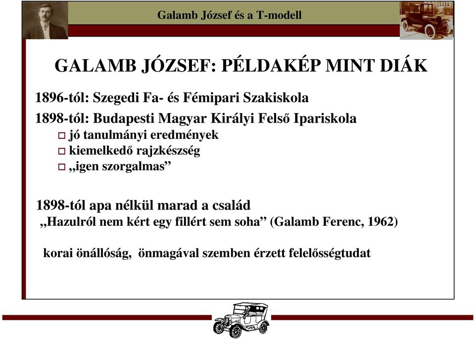 kiemelkedő rajzkészség igen szorgalmas 1898-tól apa nélkül marad a család Hazulról nem