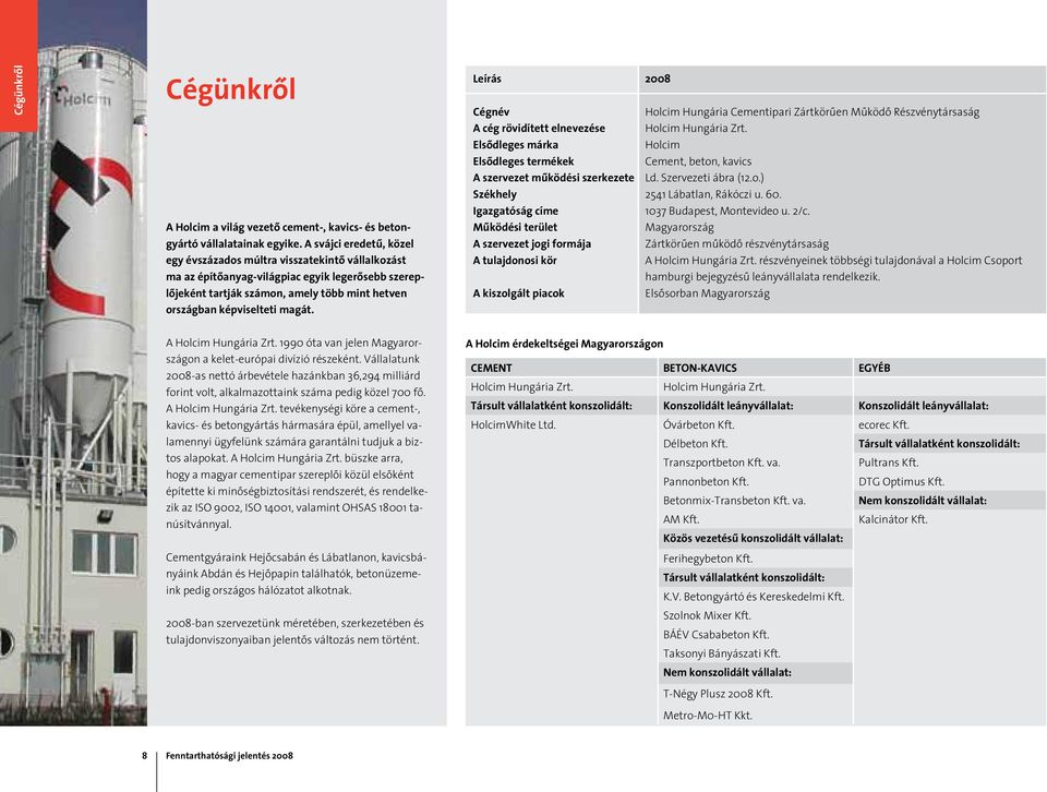 Leírás 2008 Cégnév Holcim Hungária Cementipari Zártkörûen Mûködô Részvénytársaság A cég rövidített elnevezése Holcim Hungária Zrt.