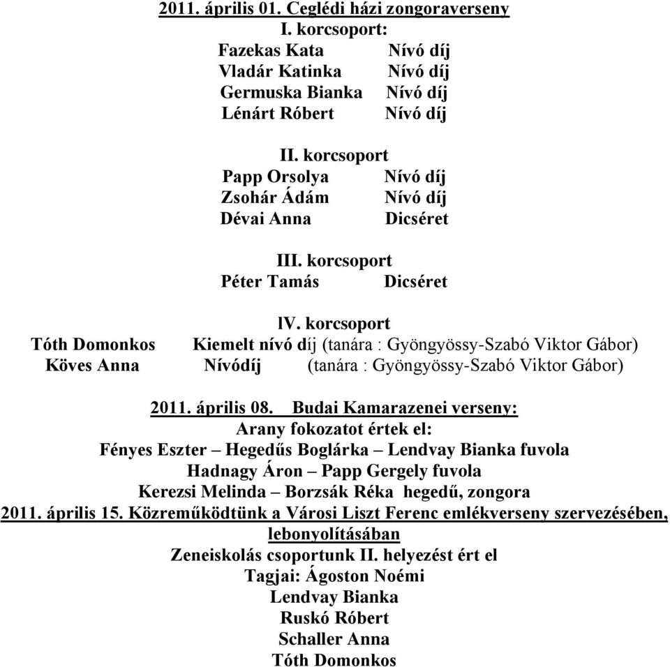 korcsoport Tóth Domonkos Kiemelt nívó díj (tanára : Gyöngyössy-Szabó Viktor Gábor) Köves Anna Nívódíj (tanára : Gyöngyössy-Szabó Viktor Gábor) 2011. április 08.