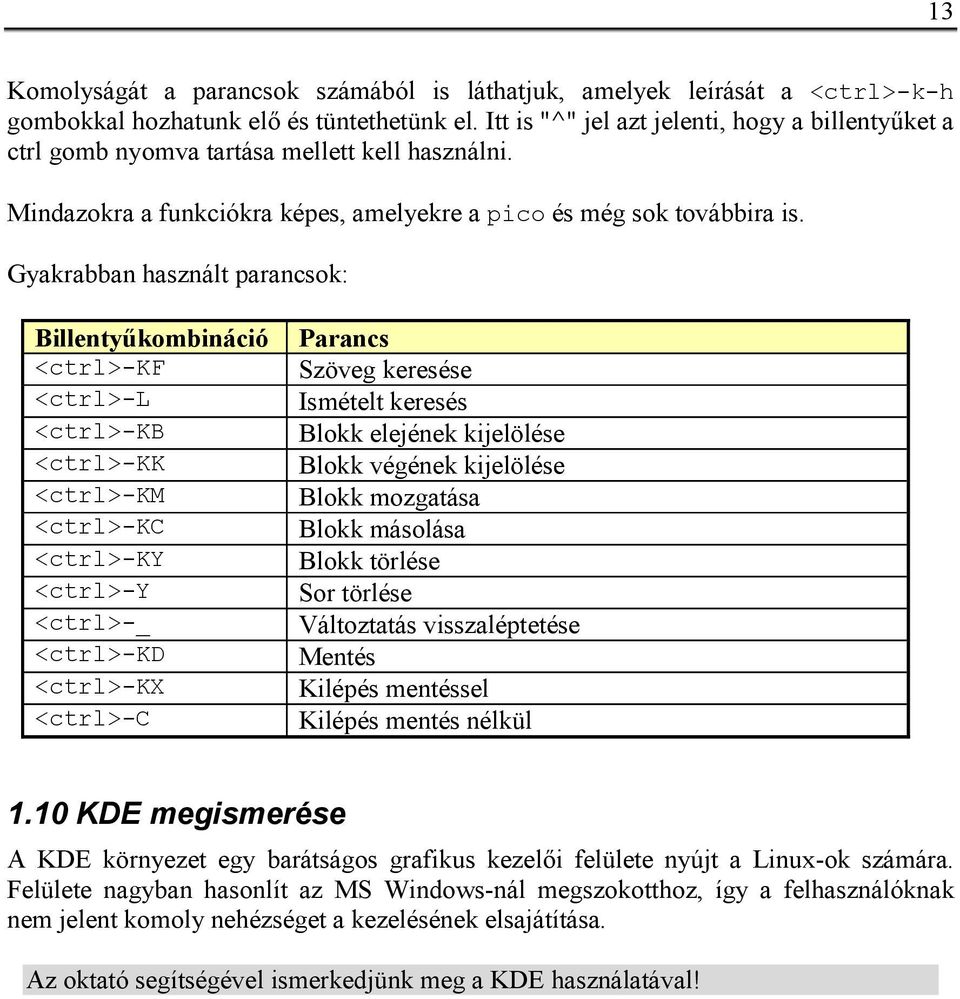 Gyakrabban használt parancsok: Billentyűkombináció <ctrl>-kf <ctrl>-l <ctrl>-kb <ctrl>-kk <ctrl>-km <ctrl>-kc <ctrl>-ky <ctrl>-y <ctrl>-_ <ctrl>-kd <ctrl>-kx <ctrl>-c Parancs Szöveg keresése Ismételt