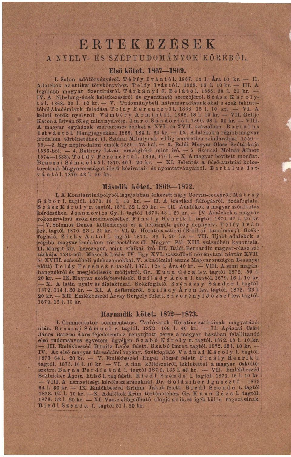 Tudománybeli bátramaradásunk okai, s ezek tekintetébőlakadémiánk feladása Toldy Ferencztől. 1868. 15 1. 10 ar. VI. A keleti török nyelvről. Vámbér y Ármintól. 1868. 18 1. 10 kr VII.