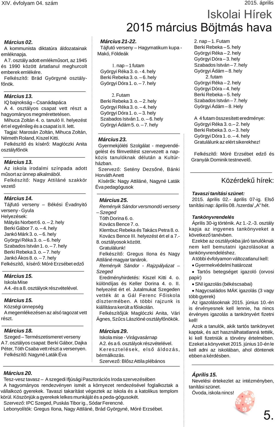 helyezést ért el egyénileg és a csapat is II. lett. Tagjai: Marosán Zoltán, Mihuca Zoltán, Németh Roland, Kiszel Kitti. Felkészítő és kísérő: Maglóczki Anita osztályfőnök Március 13.