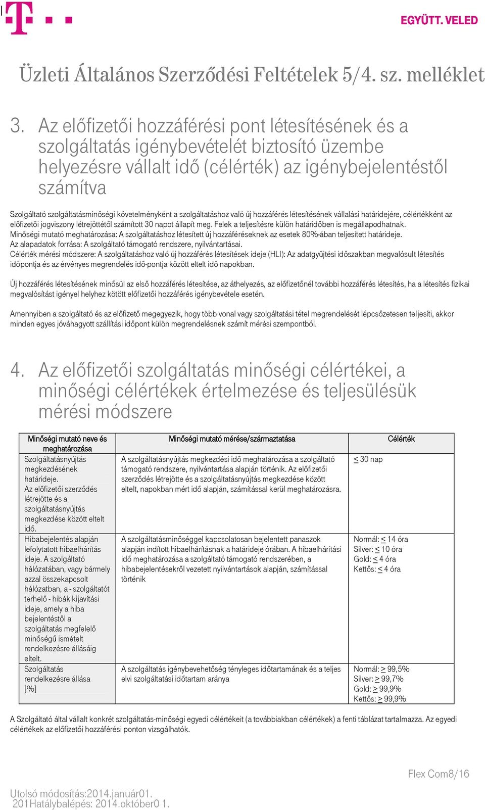 Felek a teljesítésre külön határidőben is megállapodhatnak. Minőségi mutató meghatározása: A szolgáltatáshoz létesített új hozzáféréseknek az esetek 80%-ában teljesített határideje.