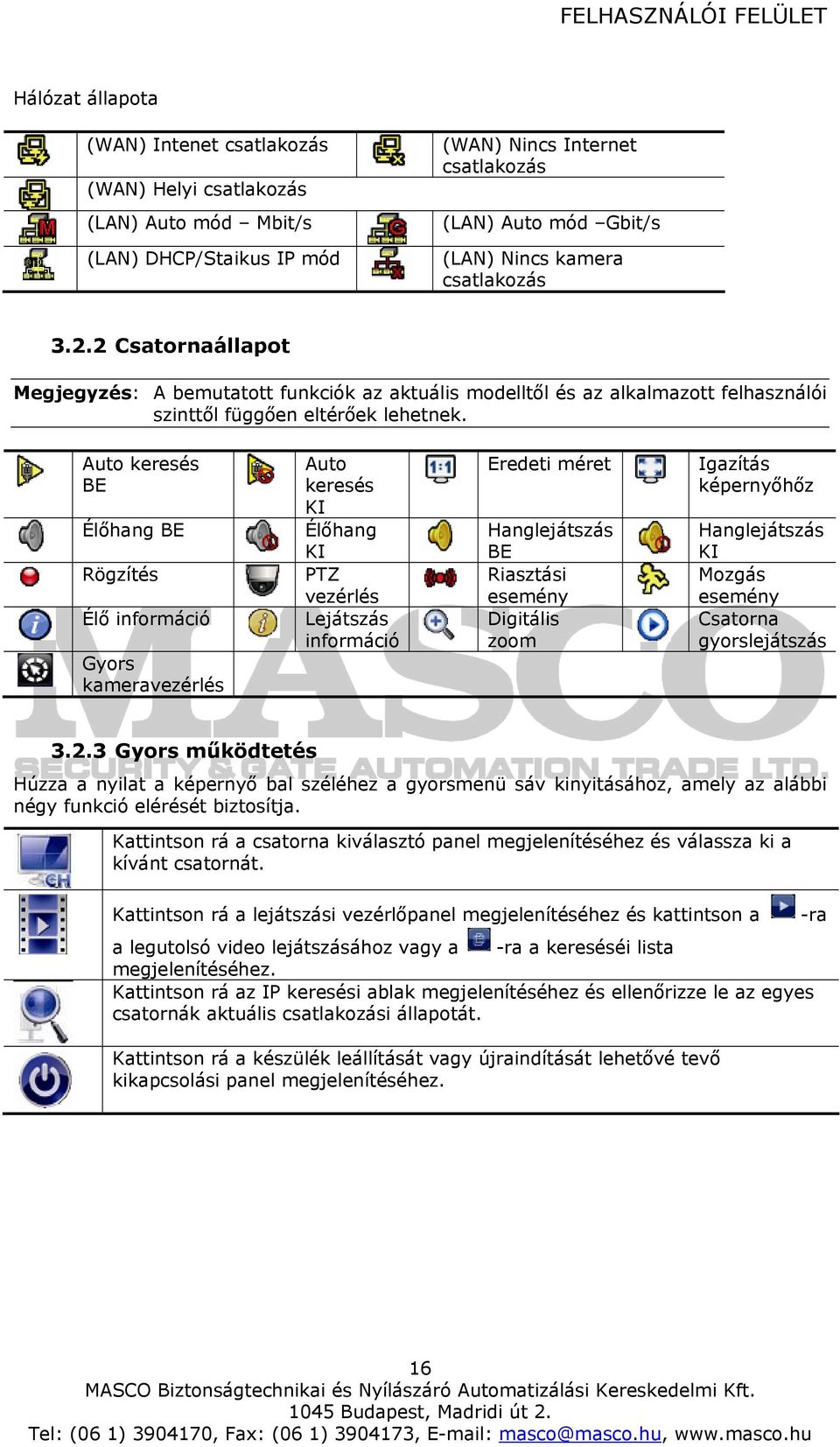 Auto keresés BE Élőhang BE Rögzítés Élő információ Gyors kameravezérlés Auto keresés KI Élőhang KI PTZ vezérlés Lejátszás információ Eredeti méret Hanglejátszás BE Riasztási esemény Digitális zoom