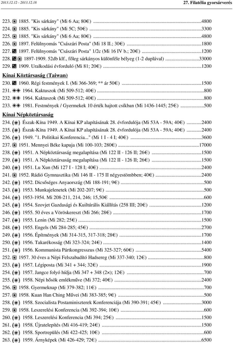 Uralkodási évforduló (Mi 81; 20 )...1200 Kínai Köztársaság (Taiwan) 230. 1960. Régi festmények I. (Mi 366-369; ** ár 50 )...1500 231. 1964. Kaktuszok (Mi 509-512; 40 )...800 232. 1964. Kaktuszok (Mi 509-512; 40 )...800 233.