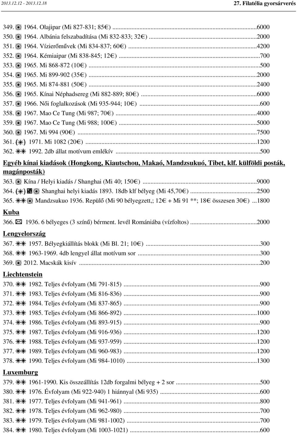 ..600 358. 1967. Mao Ce Tung (Mi 987; 70 )...4000 359. 1967. Mao Ce Tung (Mi 988; 100 )...5000 360. 1967. Mi 994 (90 )...7500 361. 1971. Mi 1082 (20 )...1200 362. 1992. 2db állat motívum emlékív.