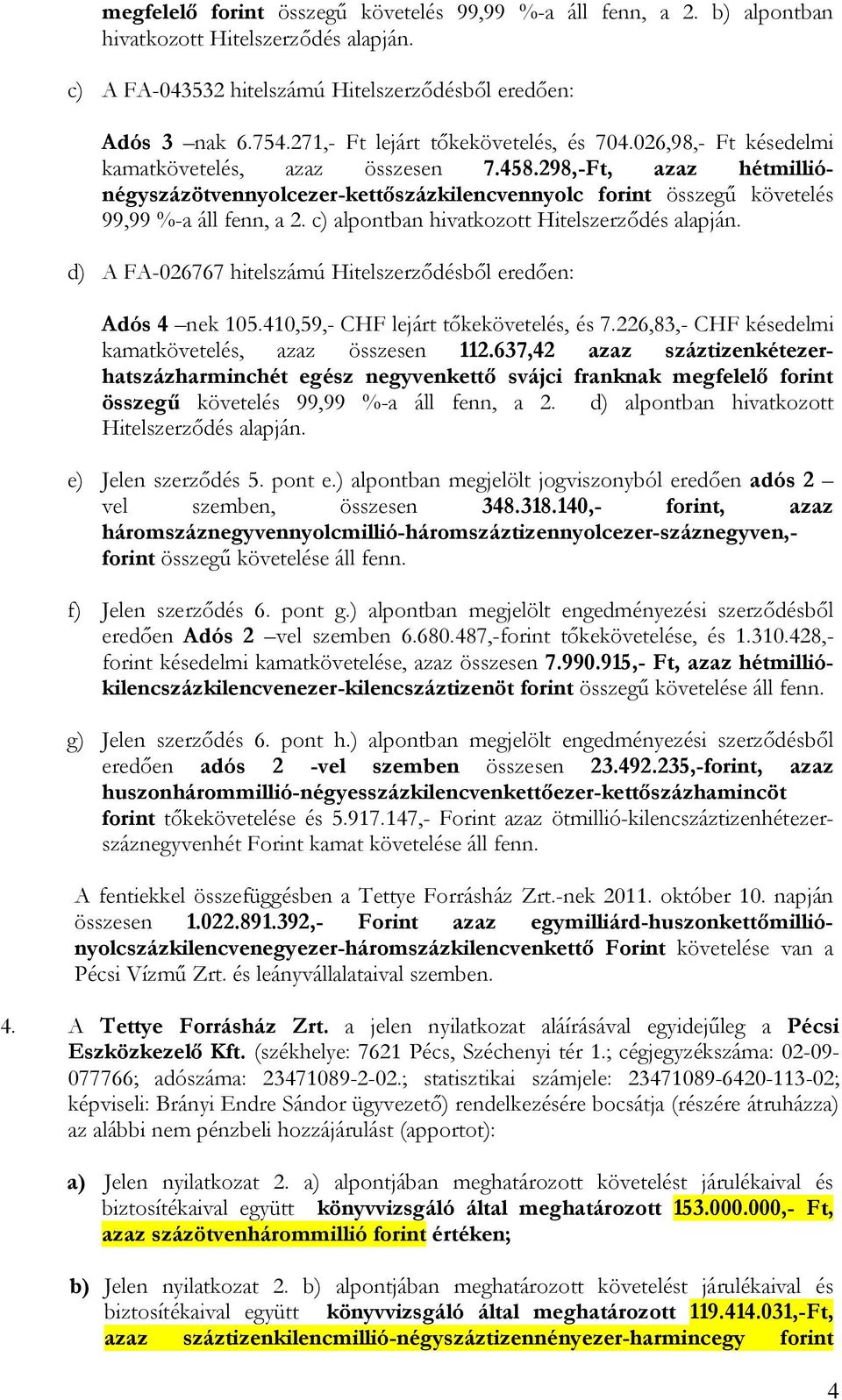 298,-Ft, azaz hétmilliónégyszázötvennyolcezer-kettőszázkilencvennyolc forint összegű követelés 99,99 %-a áll fenn, a 2. c) alpontban hivatkozott Hitelszerződés alapján.