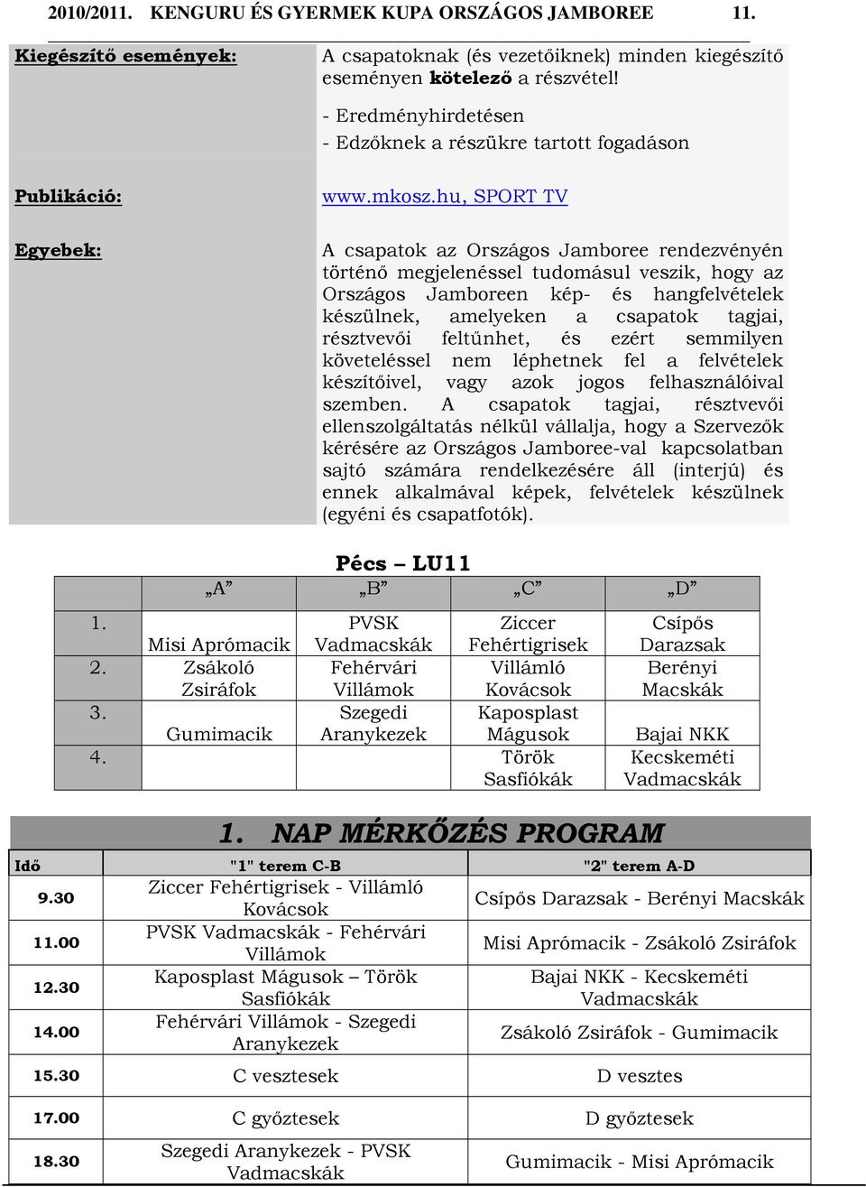 hu, SPORT TV A csapatok az Országos Jamboree rendezvényén történő megjelenéssel tudomásul veszik, hogy az Országos Jamboreen kép- és hangfelvételek készülnek, amelyeken a csapatok tagjai, résztvevői