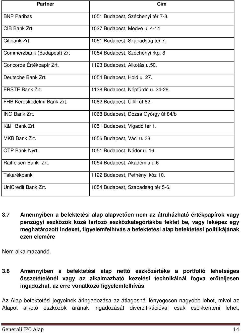 1138 Budapest, Népfürdő u. 24-26. FHB Kereskedelmi Bank Zrt. 1082 Budapest, Üllői út 82. ING Bank Zrt. 1068 Budapest, Dózsa György út 84/b K&H Bank Zrt. 1051 Budapest, Vigadó tér 1. MKB Bank Zrt.