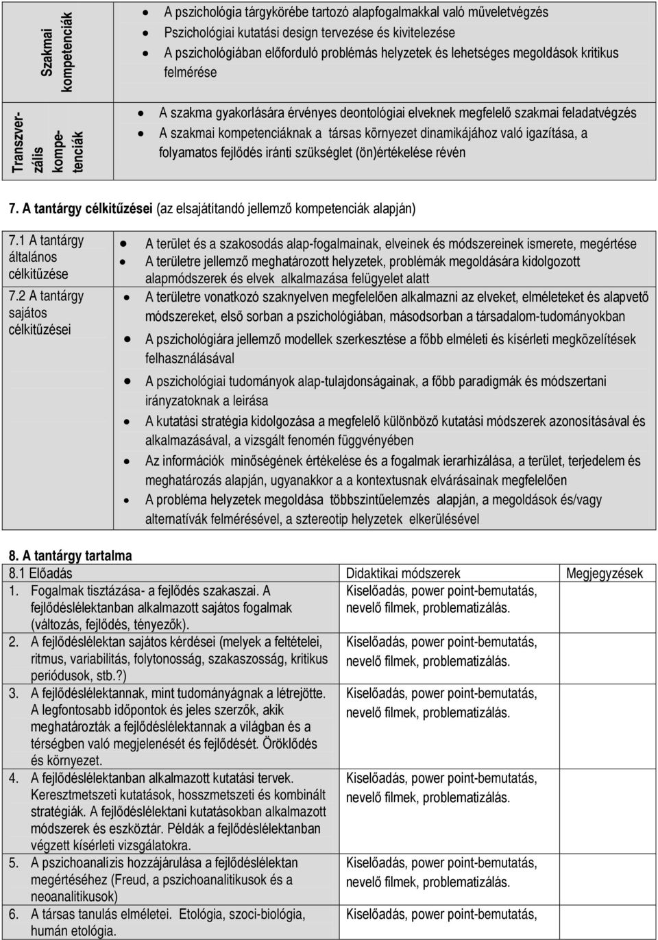 környezet dinamikájához való igazítása, a folyamatos fejlődés iránti szükséglet (ön)értékelése révén 7. A tantárgy célkitűzései (az elsajátítandó jellemző kompetenciák alapján) 7.