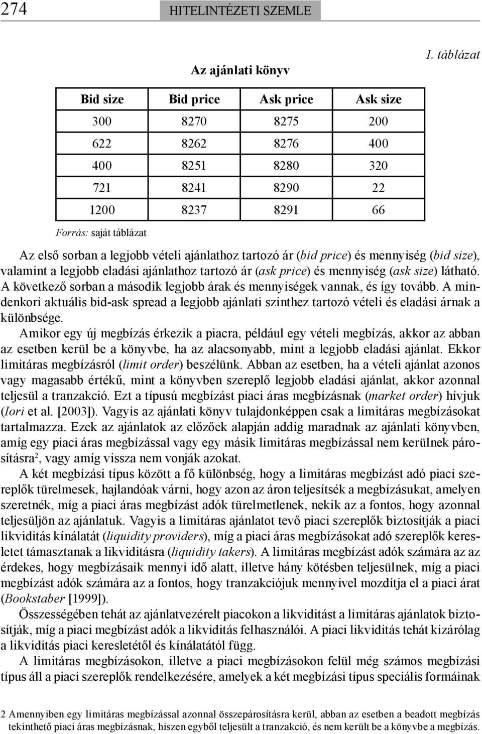 ajánlathoz tartozó ár (bid price) és mennyiség (bid size), valamint a legjobb eladási ajánlathoz tartozó ár (ask price) és mennyiség (ask size) látható.