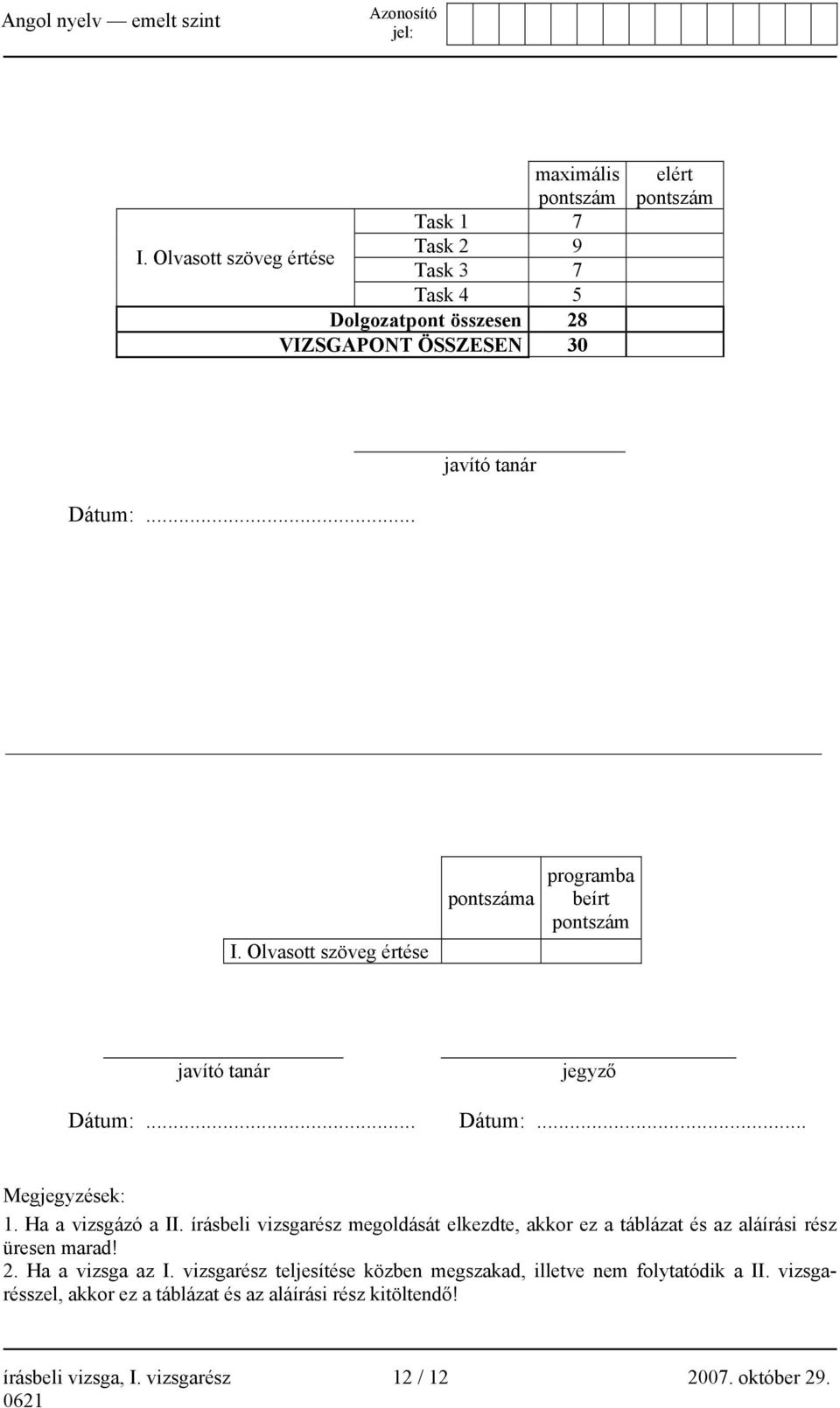 Olvasott szöveg értése pontszáma programba beírt pontszám javító tanár jegyző Dátum:... Dátum:... Megjegyzések: 1. Ha a vizsgázó a II.