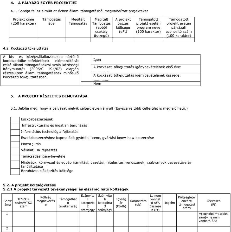 Támogatott projekt esetén program neve (100 karakter) Támogatott projekt esetén pályázati azonosító szám (100 karakter) 4.2.