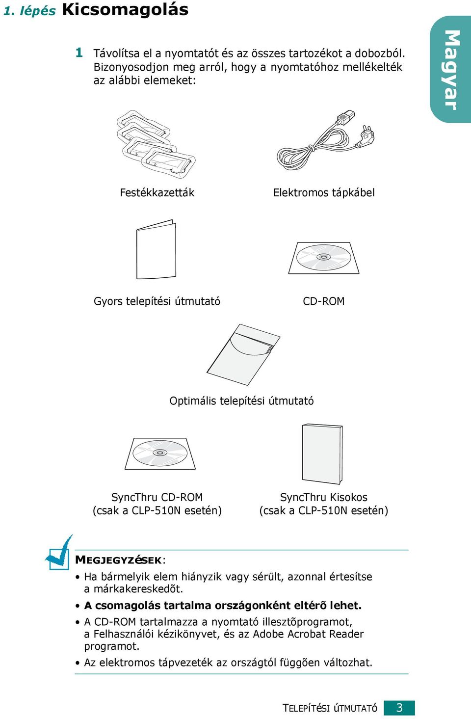 telepítési útmutató SyncThru CD-ROM (csak a CLP-510N esetén) SyncThru Kisokos (csak a CLP-510N esetén) MEGJEGYZéSEK: Ha bármelyik elem hiányzik vagy sérült, azonnal