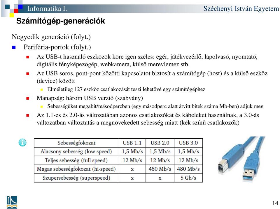 Az USB soros, pont-pont közötti kapcsolatot biztosít a számítógép (host) és a külső eszköz (device) között Elméletileg 127 eszköz csatlakozását teszi lehetővé egy