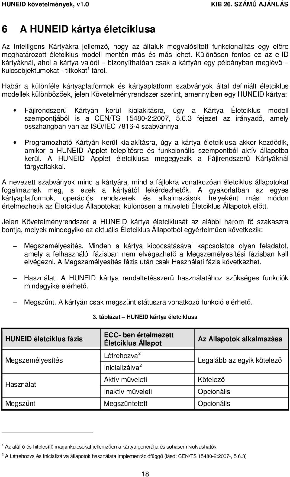 Habár a különféle kártyaplatformok és kártyaplatform szabványok által definiált életciklus modellek különbözıek, jelen Követelményrendszer szerint, amennyiben egy HUNEID kártya: Fájlrendszerő Kártyán