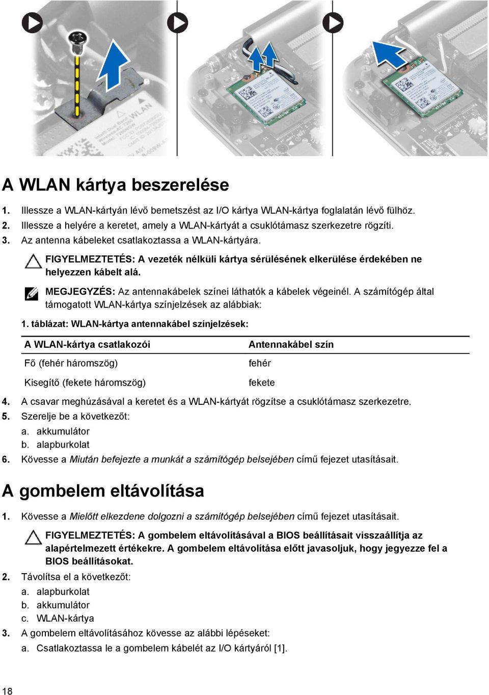 FIGYELMEZTETÉS: A vezeték nélküli kártya sérülésének elkerülése érdekében ne helyezzen kábelt alá. MEGJEGYZÉS: Az antennakábelek színei láthatók a kábelek végeinél.