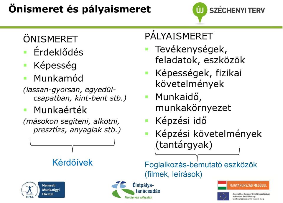 ) Kérdőívek PÁLYAISMERET Tevékenységek, feladatok, eszközök Képességek, fizikai követelmények