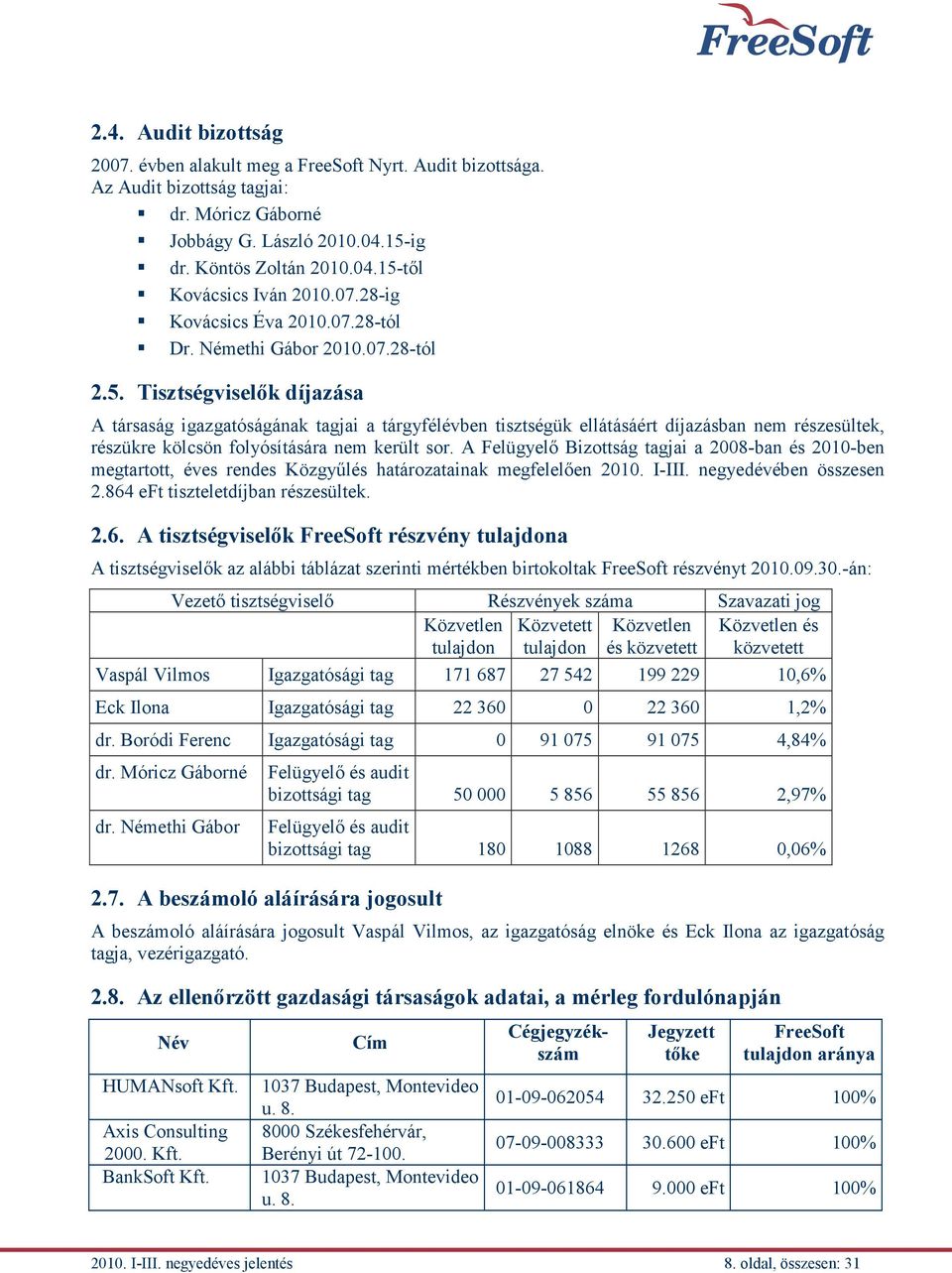 Tisztségviselők díjazása A társaság igazgatóságának tagjai a tárgyfélévben tisztségük ellátásáért díjazásban nem részesültek, részükre kölcsön folyósítására nem került sor.