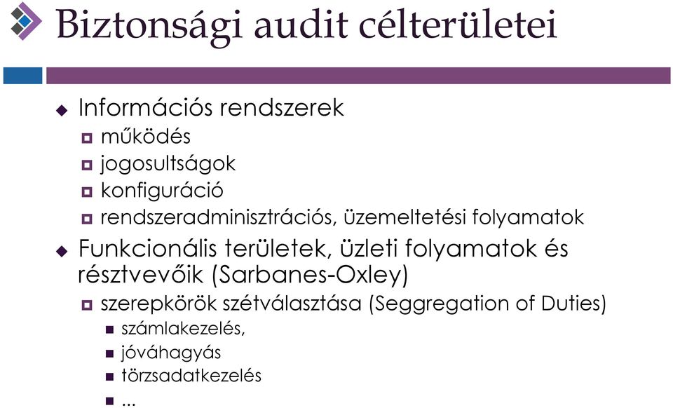 területek, üzleti folyamatok és résztvevőik (Sarbanes-Oxley) szerepkörök