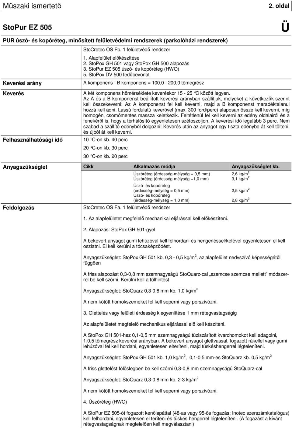 oldal Keverés Felhasználhatósági idı Anyagszükséglet Feldolgozás A két komponens hımérséklete keveréskor 15-25 C között legyen.