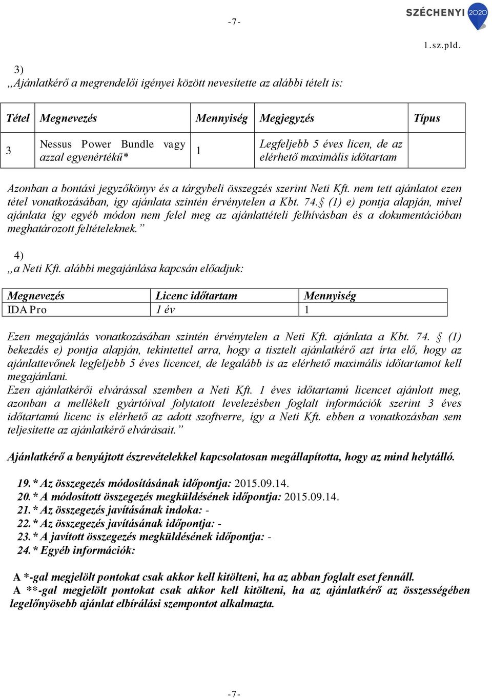 tárgybeli összegzés szerint Neti Kft. nem tett ajánlatot ezen tétel vonatkozásában, így ajánlata szintén érvénytelen a Kbt. 74.