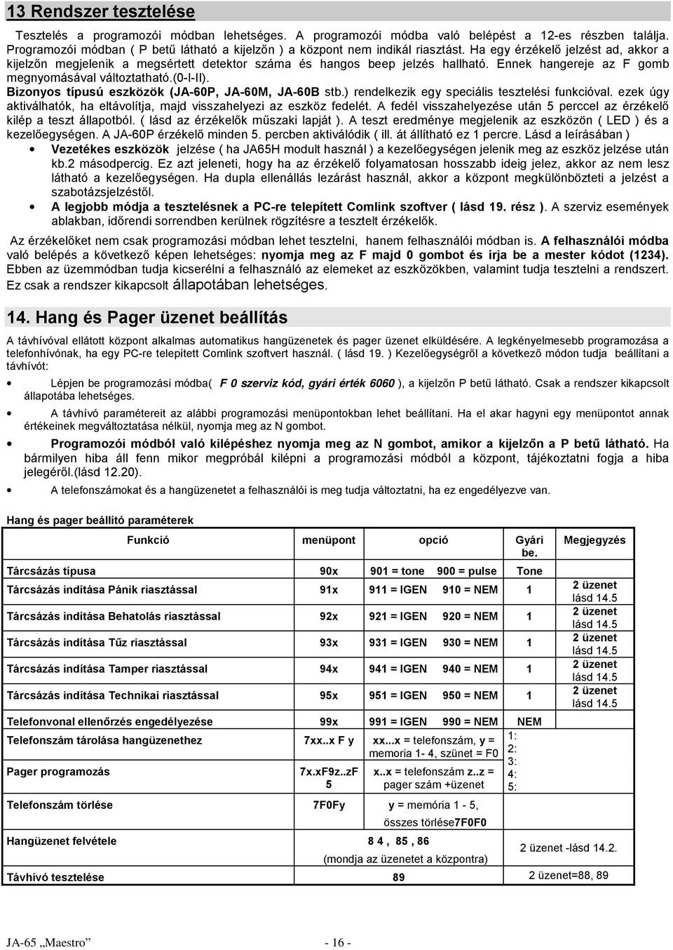 Ennek hangereje az F gomb megnyomásával változtatható.(0-i-ii). Bizonyos típusú eszközök (JA-60P, JA-60M, JA-60B stb.) rendelkezik egy speciális tesztelési funkcióval.