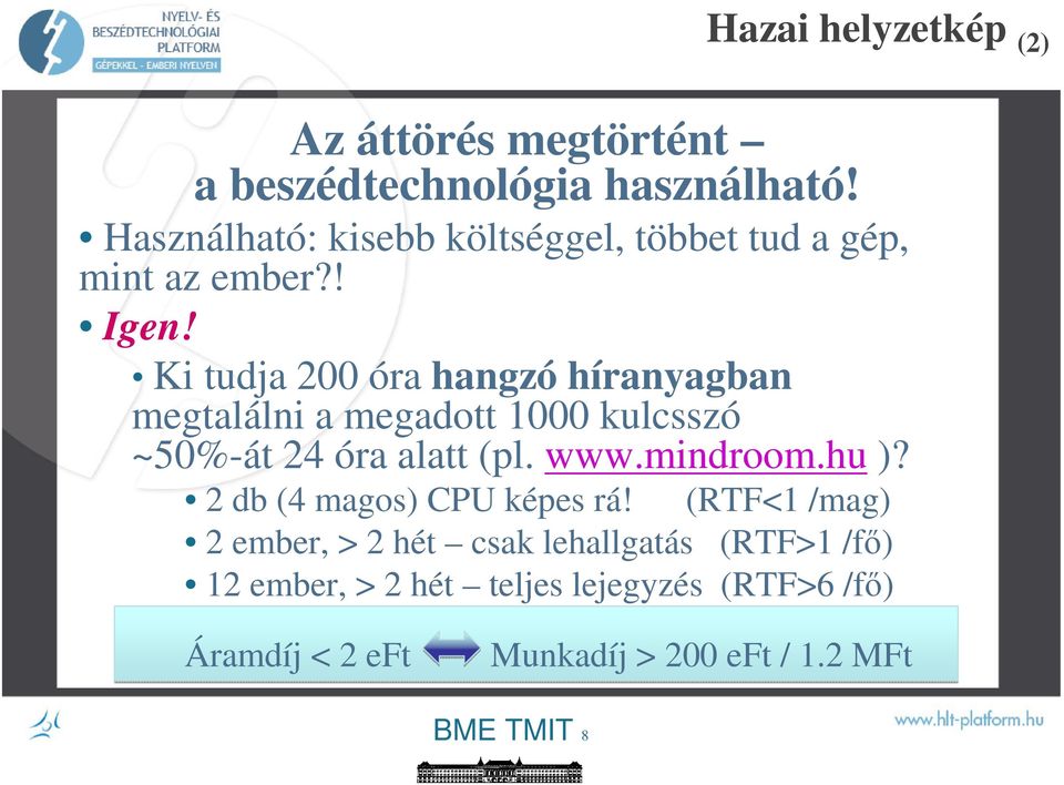 Ki tudja 200 óra hangzó híranyagban megtalálni a megadott 1000 kulcsszó ~50%-át 24 óra alatt (pl. www.mindroom.