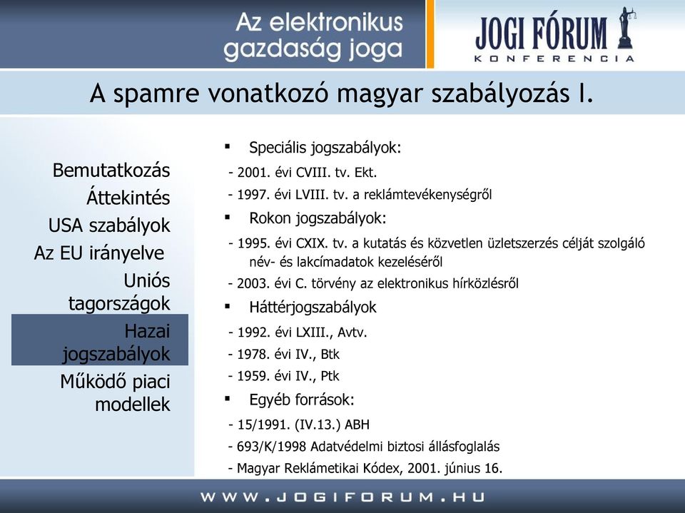 törvény az elektronikus hírközlésről Háttér - 1992. évi LXIII., Avtv. - 1978. évi IV., Btk - 1959. évi IV., Ptk Egyéb források: - 15/1991.