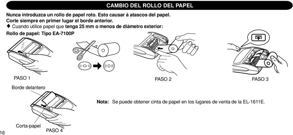 Cuando utilice papel que tenga 25 mm o menos de diámetro exterior: Rollo de papel: Tipo