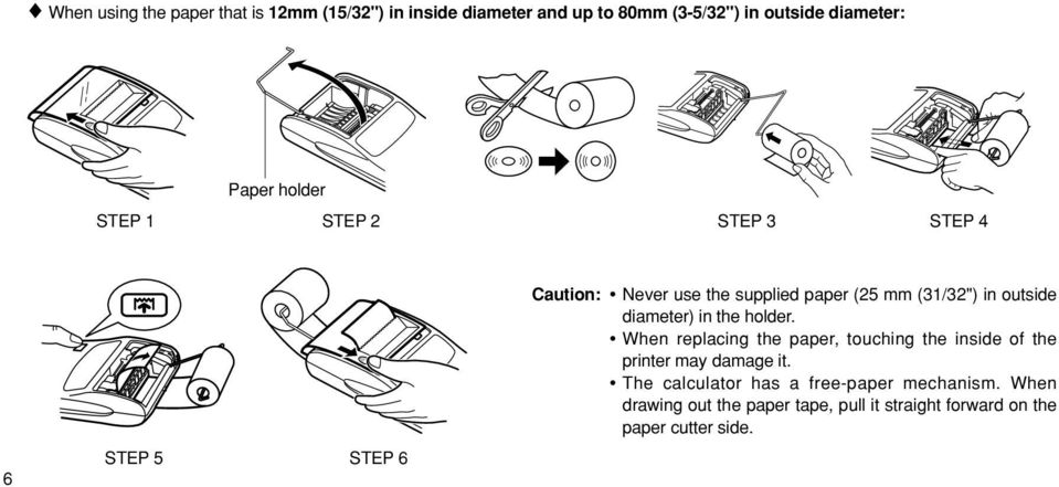 outside diameter) in the holder. When replacing the paper, touching the inside of the printer may damage it.