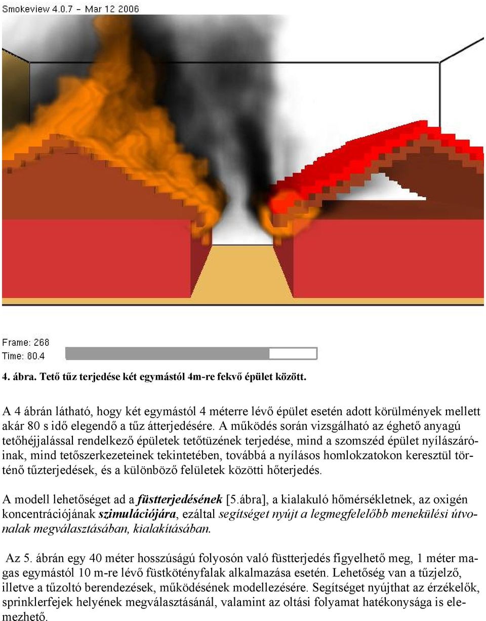 A működés során vizsgálható az éghető anyagú tetőhéjjalással rendelkező épületek tetőtüzének terjedése, mind a szomszéd épület nyílászáróinak, mind tetőszerkezeteinek tekintetében, továbbá a nyílásos