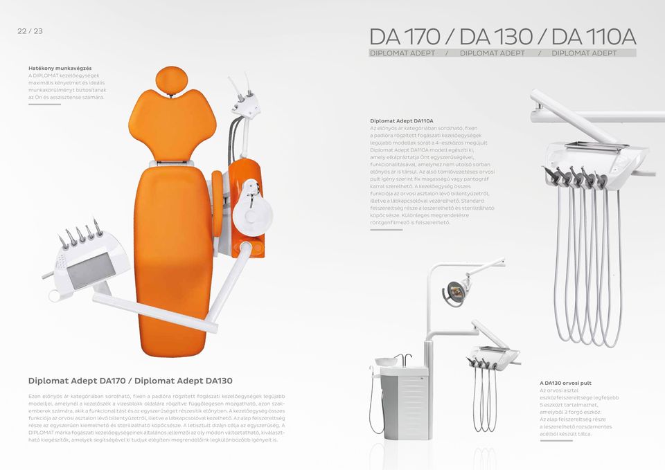 Diplomat Adept DA110A Az előnyös ár kategóriában sorolható, fixen a padlóra rögzített fogászati kezelőegységek legújabb modellek sorát a 4-eszközös megújult Diplomat Adept DA110A modell egészíti ki,