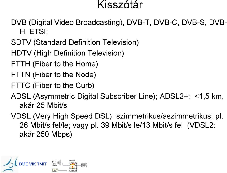 to the Curb) ADSL (Asymmetric Digital Subscriber Line); ADSL2+: <1,5 km, akár 25 Mbit/s VDSL (Very High Speed